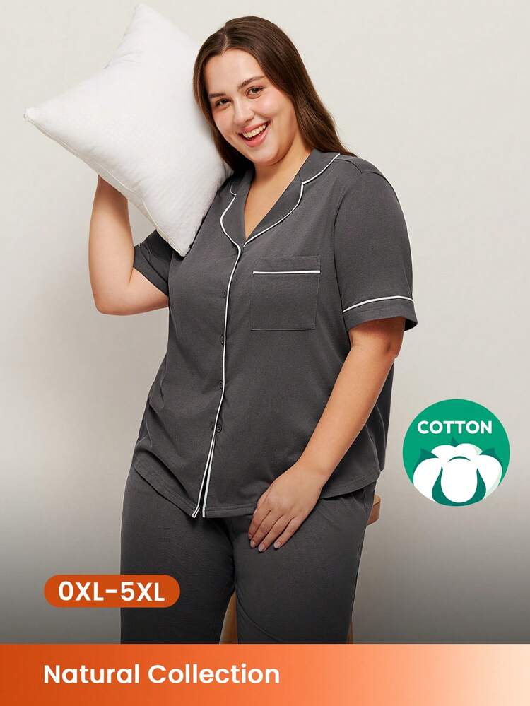 Plus-Size Cotton Contrast Trim Button-Up Top & Pants Loungewear Pajama Set