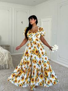 Lyrianda Modest Plus Size Sunflower Print Dress, Suitable For Spring/Summer Vacation - Multicolor - View 4