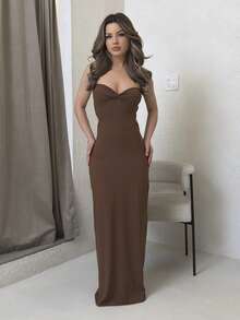 Jemour Women's Minimalist Solid Color Front Twist Backless Spaghetti Strap Summer Dress Party - Brown - View 1