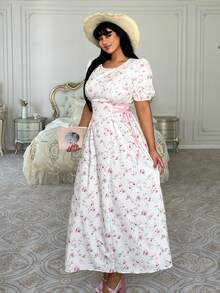 Lyrianda Modest Plus Size French Jacquard Tie-Up Dress,Summer White Floral Maxi Curve Tea Party Holiday Milkmaid Cottagecore Puffy Sleeve Elegant Midi Dress - Apricot - View 5