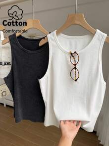 Comfortcana 2 piezas Camiseta de punto de cuello redondo sin mangas, unicolor negro y blanco, lavada y cómoda, talla grande, primavera/verano - Multicolor - Ver 3