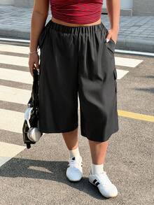 Muchica Plus Size Women's Black Solid Color Elastic Waist Pockets Casual Cargo Capri Pants,Summer Everyday Versatile For Daily Wear,Spring Break, - Black - View 3