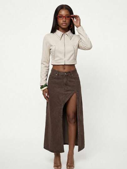 Modviera 女士秋冬立领柑橘图案机车短款拉链夹克