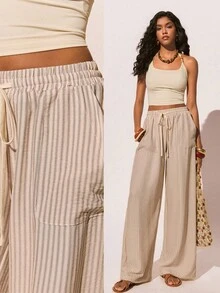 Poéselle 女士休闲条纹抽绳腰裤 - 灰色 - 查看 2