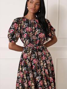 Lilora Chic Women's Boho Midi Dress With Random Print Tie Neck And Half Puff Sleeves In Black Floral Woven Fabric Garden Party Summer - Multicolor - View 2