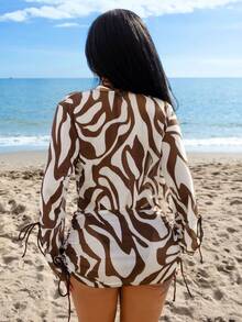 Swim SXY Chocolate Brown Summer Casual Beach Vacation Holiday Women 4-Piece Bikini Set,Triangle Halter Bikini,Mesh Long Sleeve Pullover,Side Ruched Skirt - Brown - View 5