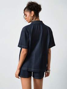SHEIN Women Denim Shirt And Short Set Oversize Short Sleeve Shirt And Short Summer Denim Two Pieces Set Dark Blue Washed - Dark Wash - View 4