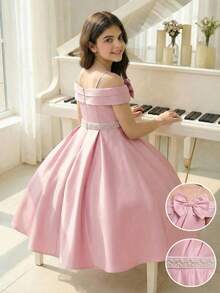 Sparklyn Tween GirlsElegant Solid Color Snug Fit High Waist High Slit Asymmetric Ruffle Hem Midi Dress, Suitable For Parties, Banquets, Flower Girl Weddings, Birthdays And Other Important Occasions - Pink - View 1