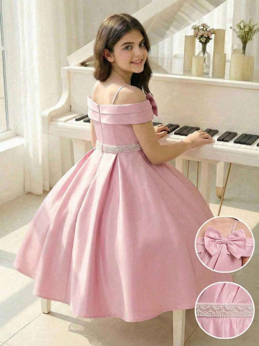 Sparklyn Tween GirlsElegant Solid Color Snug Fit High Waist High Slit Asymmetric Ruffle Hem Midi Dress, Suitable For Parties, Banquets, Flower Girl Weddings, Birthdays And Other Important Occasions - Pink - View 1