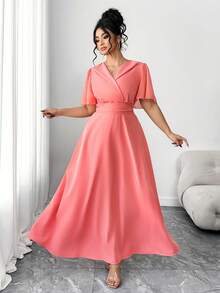 Elenzga Damen Große Größen V-Ausschnitt Geraffete Taille Patchwork Rüschenärmel Lässig Alltags Elegantes Kleid, Damen Große Größen V-Ausschnitt Kurzarm Bindegürtel Schlank Langes Kleid, Damen Große Größen Taille Eingeschnürt Schlank Midi A-Linie Kleid - Korallenrosa - Übersicht 3