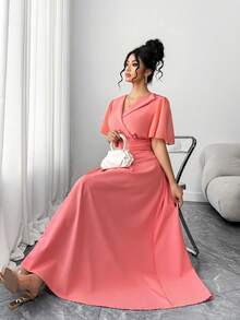 Elenzga Damen Große Größen V-Ausschnitt Geraffete Taille Patchwork Rüschenärmel Lässig Alltags Elegantes Kleid, Damen Große Größen V-Ausschnitt Kurzarm Bindegürtel Schlank Langes Kleid, Damen Große Größen Taille Eingeschnürt Schlank Midi A-Linie Kleid - Korallenrosa - Übersicht 5