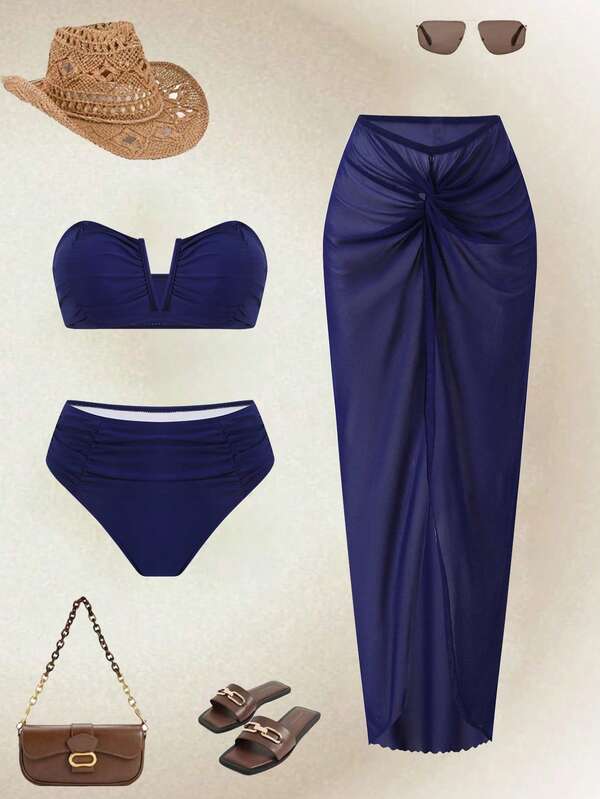 Swim Oasis Conjunto de biquíni feminino casual para primavera/verão 2026, em cores sólidas, composto por top bandeau, shorts de banho e vestido longo de tule. Ideal para praia e resorts.