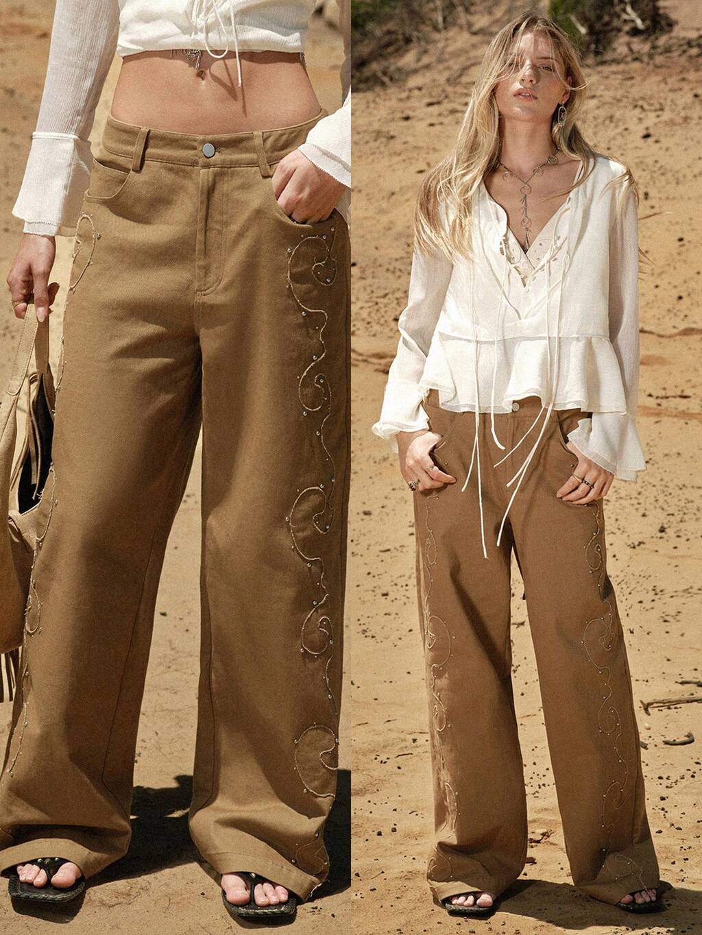 MOTF STUDIO WOMEN'S EMBROIDERED RIVET DECOR LOW WAIST STRAIGHT LEG PANTS, SPRING/SUMMER