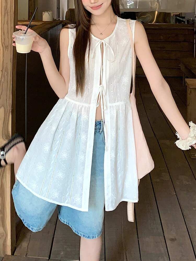Women's Floral Embroidery Tie Front Casual Versatile Long Top For Daily Wear Summer