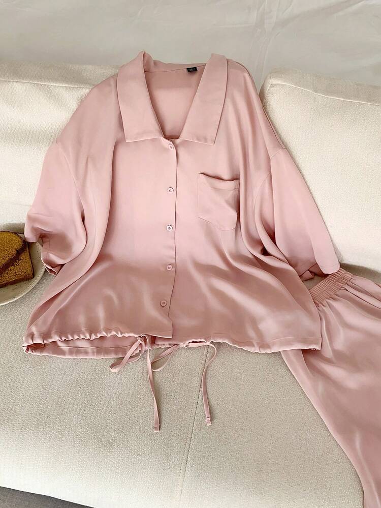 Dazy Plus Plus Size Women's Simple Solid Color Drop Shoulder Loose Drawstring Hem Shirt And Pants Pajama Set, Spring/Summer/Autumn