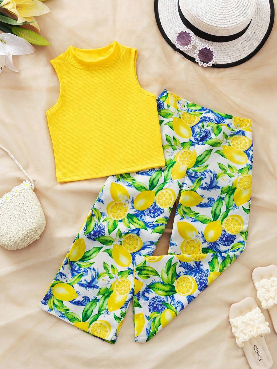 Young Girls 2pcs Set: Sleeveless Yellow Top + Lemon Print Wide Leg Pants, Fashionable Outfit For Casual, Beach, Holiday, Summer - Yellow - View 1