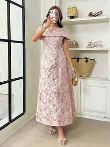 Modelyn Women's Solid Color Off-Shoulder Fitted Elegant Mid-Length Dress ,Summer Dress,Spring Dresses For Women - Pink - View 3