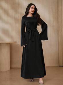 Graceveil 优雅纯色系带长连衣裙，适合日常穿着 - 黑色 - 查看 3