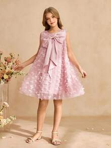 SHEIN Đầm công chúa thanh lịch cho bé gái tuổi teen, đầm phồng 3D dễ thương, nơ lớn trang trí vai, đầm chữ A rộng không tay, thích hợp cho tiệc tùng, sinh nhật, đi chơi, biểu diễn, đầm lưới màu hồng. - Hồng - Xem 5