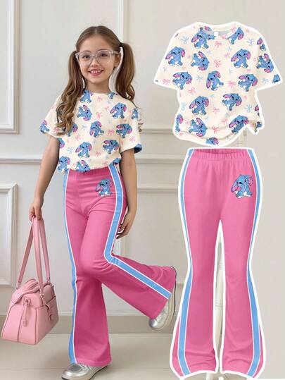 SHEIN Girlism Cream White, Cute Cartoon Blue Rabbit Stitch Pattern, Pink Contrast Trim, Tween Girl Casual Loose Short Sleeve Crew Neck T-Shirt And Flare Pants 2 Pieces Set, Suitable For Autumn,Kids