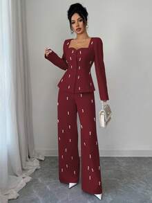 Rafferiza 女款優雅酒紅色心形領單肩長袖極簡西裝套裝，夏季兩件式褲裝套裝，適合用餐場合，女士服飾 - 紅色 - 查看 1