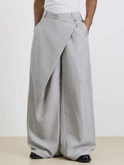 TOKVUE Pantalones casuales versátiles y de pierna ancha para hombres, pantalones grises de pierna ancha, pantalones grises holgados con pliegues delanteros, pantalones grises, pantalones grises sueltos