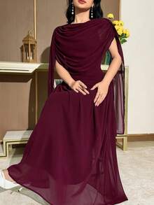 Modelyn 女士优雅派对纯色褶皱连衣裙 - 酒紅色 - 查看 1