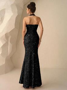 Coutiva Vestido elegante de manga larga con lentejuelas, vestido de gala de alta gama - Negro - Ver 2