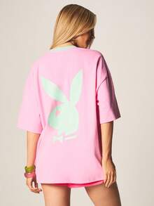 Missguided x Playboy 1953春假超大款圆领短袖印花T恤，饰有薄荷绿撞色滚边和背面兔子标志印花 - 粉色 - 查看 2