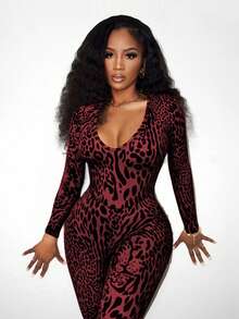 Mistrie Autumn New Vintage Casual Leopard Print Sexy V-Neck Fitted Long Sleeve Jumpsuit For Women Zebra Print Outfit Women Zoo Outfits Women - Burgundy - View 6