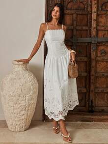 Enchnt Women's White Summer Tropical Garden Party Holiday Vacation Hollow Embroidery Spaghetti Strap Backless Maxi Dress,Elegant Wedding Guest Beach Outfits - White - View 5