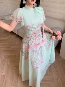 Modelyn Đầm xòe in họa tiết, xếp ly, thắt eo dành cho nữ - Màu xanh nhạt - Xem 3