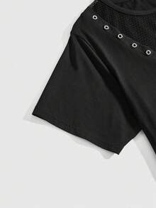 ROMWE Grunge Punk Áo thun tay ngắn ôm sát cơ thể cỡ lớn, thiết kế lưới xuyên thấu phối ren, chất liệu punk metal. - màu đen - Xem 9