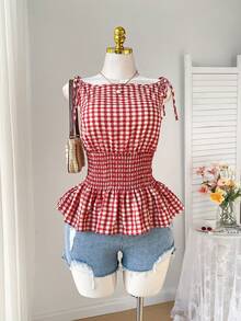 Comfortcana Plus Size Women Plaid Tie Shoulder Drawstring Waist Ruffle Hem Sleeveless Blouse, Summer 2026 New Arrival Tops - Red - View 5