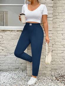 SHEIN PETITE CURVE Plus Size Women's Letter Embroidered Pockets Casual Tapered Pants - Royal Blue - View 7