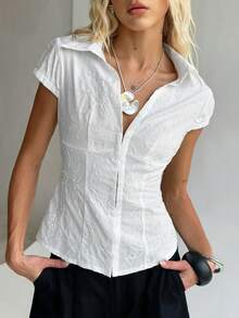 TRNVIE Women's White Casual Collared Embroidered Woven Fabric Cap Sleeve Semi-Sheer Shirt Blouse Regular Length - White - View 5