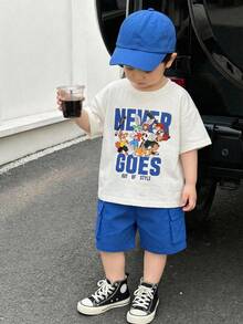 2pcs/Set Baby Boy Summer Cute Casual Knit Cartoon Rabbit Print Short Sleeve T-Shirt And Relaxed Shorts Set Baby Boy Summer Outfit Blue Shorts - Multicolor - View 4