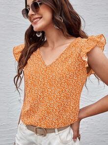 SHEIN Clasi Áo kiểu nữ mùa hè, in họa tiết toàn thân, cổ chữ V, tay bồng. - trái cam - Xem 4