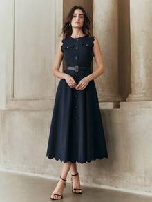 Anewsta Women's New Elegant Navy Blue A-Line Sleeveless Dress, Luxurious For Vacation Button Dress Navy Blue Dress - Royal Blue - View 4