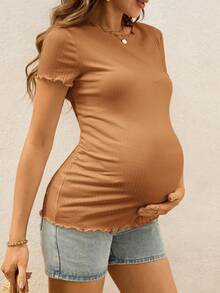 SHEIN Áo bầu tay ngắn ôm sát, viền gân, kiểu bèo nhún - màu nâu - Xem 7