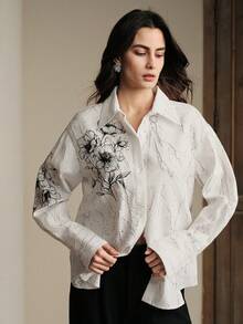 Anewsta Camisa de mujer de manga larga con cuello polo, estampado floral texturizado y rayas asimétricas de estilo urbano chic - Blanco y Negro - Ver 3