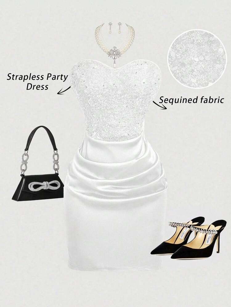 homecoming dress polyvore SHEIN MOD Plus Size Women's White,Summer,Elegant,Party,Wedding Guest Sequin Off Shoulder Bodycon Dress,Graduation Memorial Day Wedding Vacation Flowy Outfits satin wrap