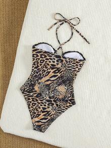 Swim SXY Summer Vacation Sexy Metal Decor Hollow Leopard Print Halter One-Piece Swimsuit For Women - Multicolor - View 4