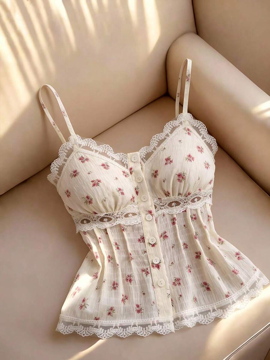 Franclia 女士碎花撞色蕾丝吊带背心 - 白色 - 查看 1