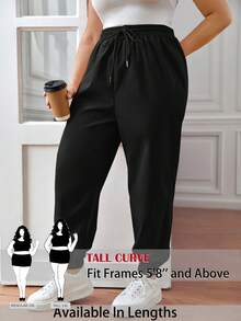 SHEIN Tall CURVE Quần jogger nữ cỡ lớn, màu trơn, cạp chun, kiểu dáng thường ngày. - màu đen - Xem 1