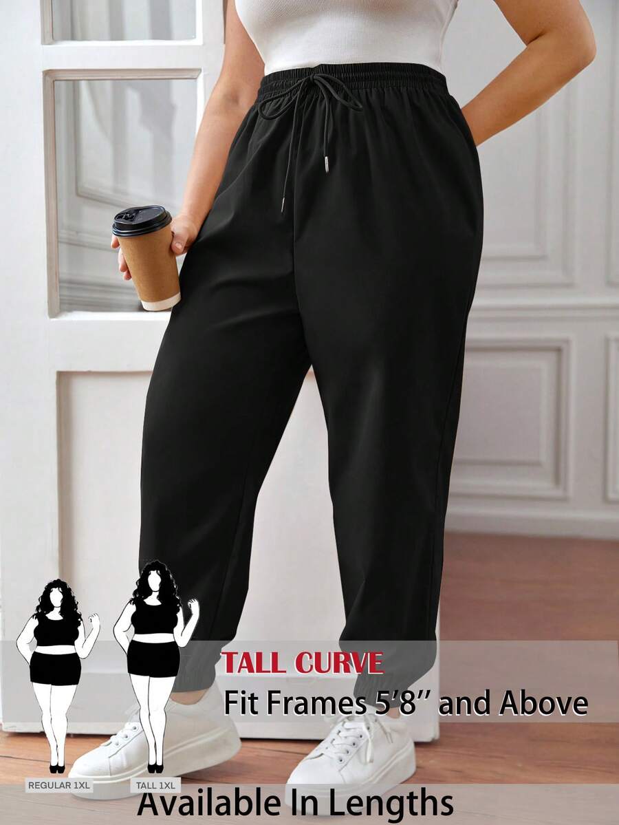 SHEIN Tall CURVE Quần jogger nữ cỡ lớn, màu trơn, cạp chun, kiểu dáng thường ngày. - màu đen - Xem 1