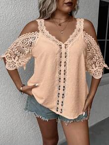 SHEIN Clasi Plus Size Summer Solid Color Patchwork Lace Swiss Dot Off-Shoulder Blouse - Coral Pink - View 6