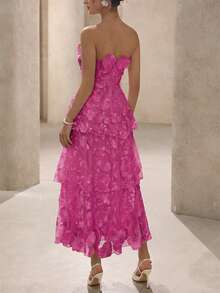 BELROSIE Solid Color Luxurious High-End Party Floral Strapless Dress, Suitable For Spring And Summer - Hot Pink - View 2