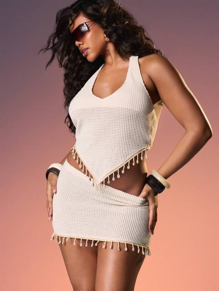 MISSGUIDED Crochet Mini Skirt With Beaded Shell Fringe Boho Festival Summer Beach Vacation