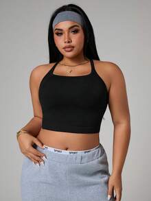 SHEIN Sports 大码女式无缝交叉露背运动背心 - 黑色 - 查看 2